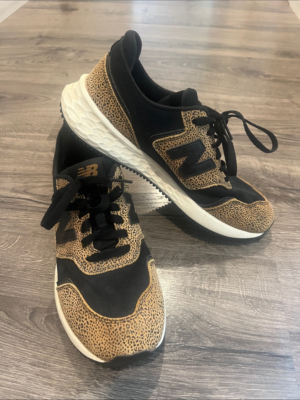 New Balance Women’s Black and Tan Leopard-Print Athletic Sneakers